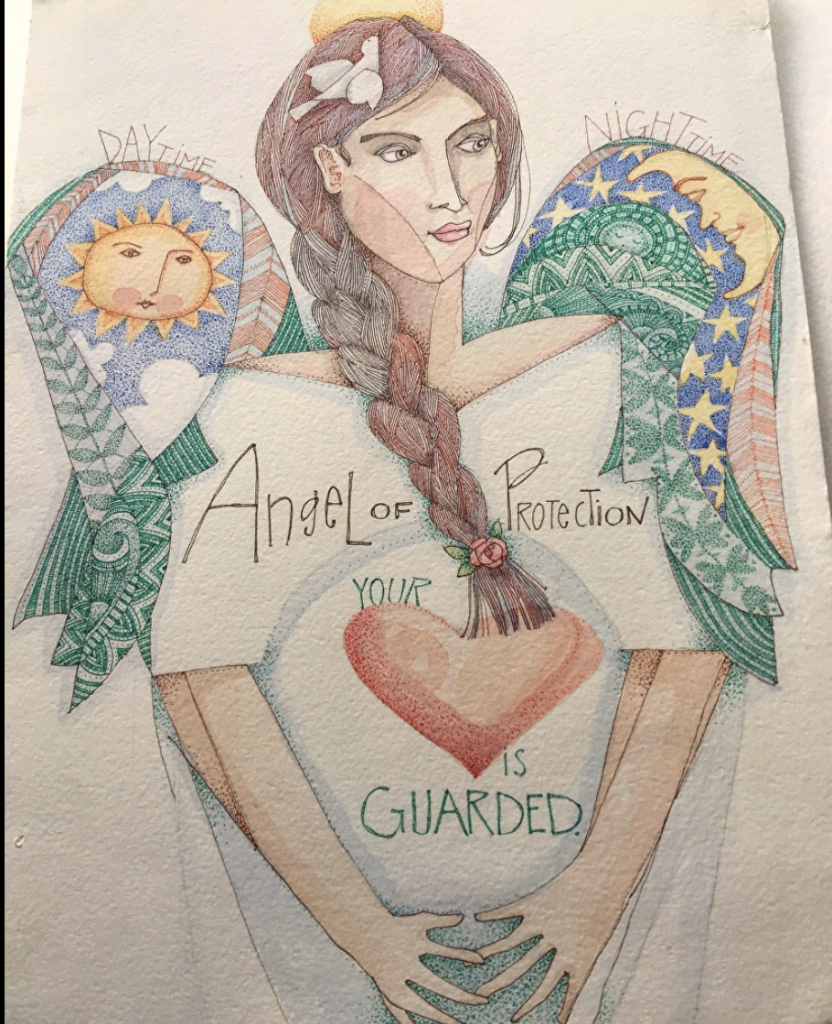 This is an illustration by Eric Disney of an Angel of Protection with braided hair.