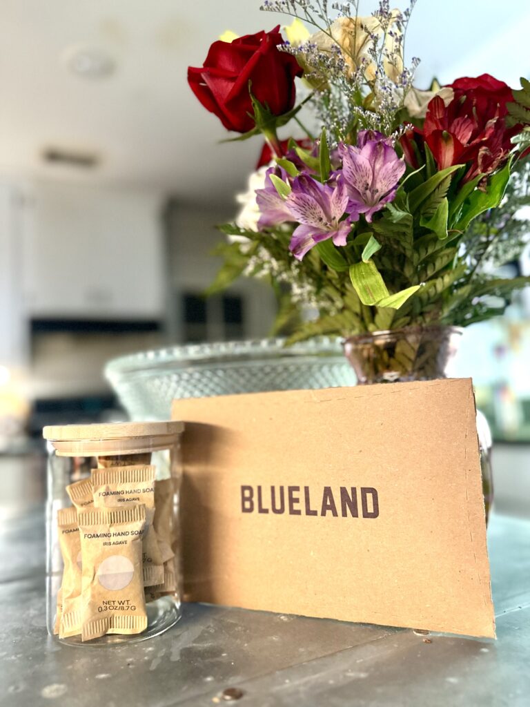 This is Blueland foaming hand soap, sitting by a vase of flowers and punch bowl, which is included in my earth-friendly products list.