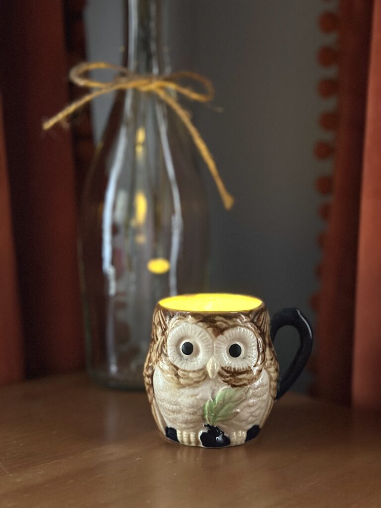 These are eco-friendly office examples with a wine bottle turned into vase and an antique owl teacup with a flameless candle inside.