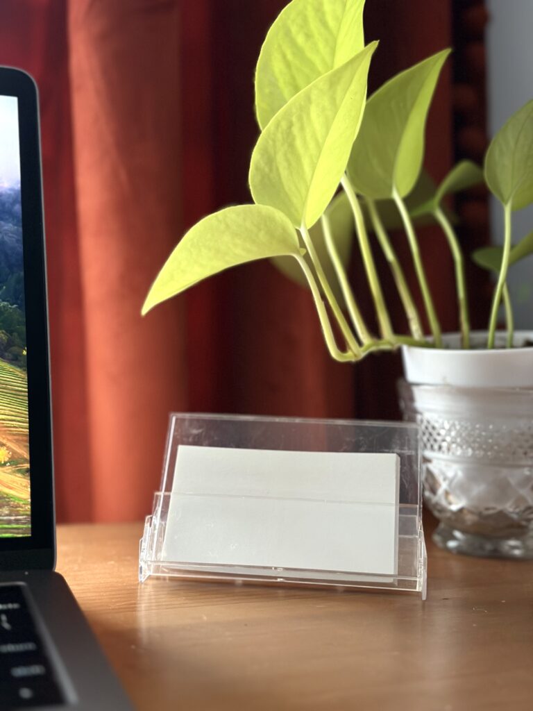 These are sustainability in the workplace examples with a cassette tape case used as a business card holder and an antique punch cup as a flower pot.