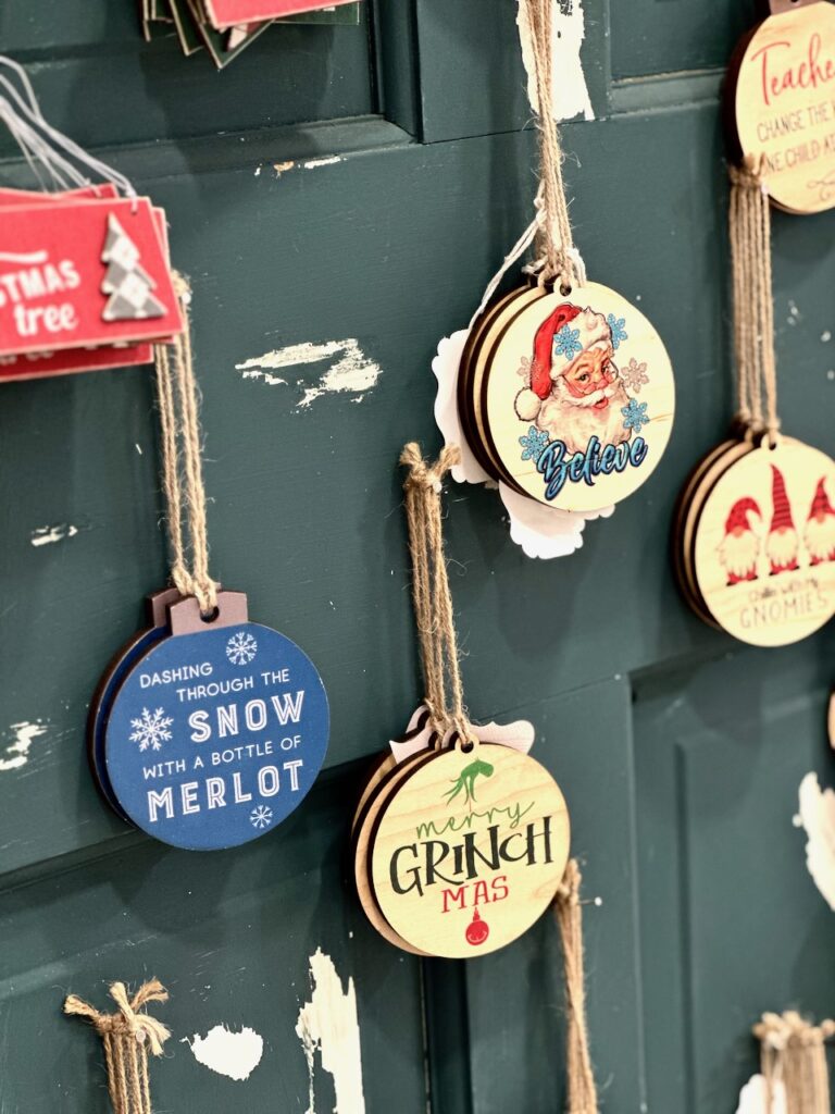 These are wooden, vintage-inspired ornaments to suggest you buy christmas ornaments!