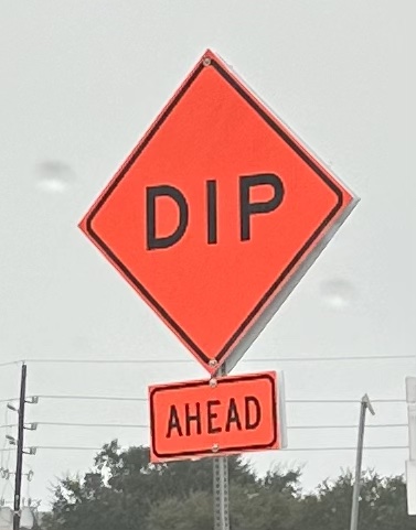 This sign says "Dip ahead" to humorously give ideas for merriam webster word of the year.