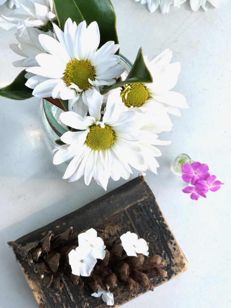 This is a styled photo by Kat of flowers in a vase with a vintage book with petals on top to explain environmentally friendly wedding ideas.