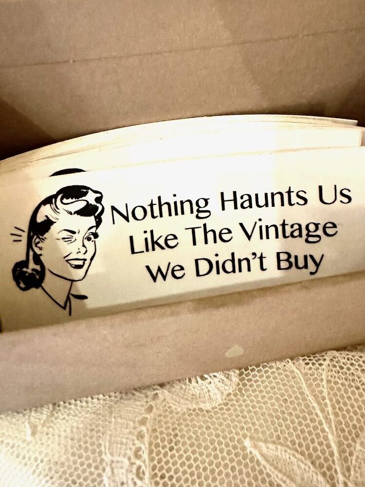 This is a funny quote with a retro woman who says, "Nothing haunts us like the vintage we didn't buy" to talk through environmentally friendly home ideas.