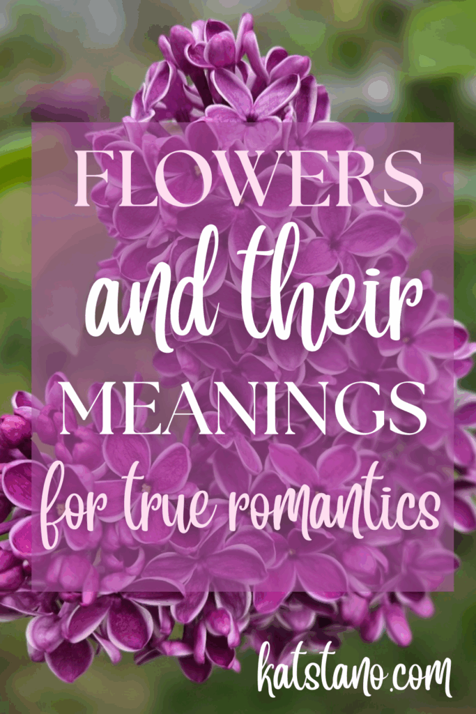 This is a Pinterest graphic with a purple heart-shaped lilace that says, "flowers and their meanings for true romantics."