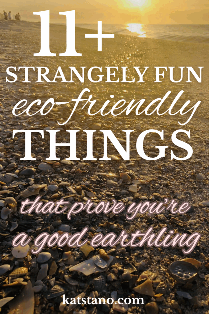 This is a Pinterest graphic of a beach with shells at sunset to show eco friendly things to do that says, "11+ strangely fun eco-friendly things to prove you're a good earthling."