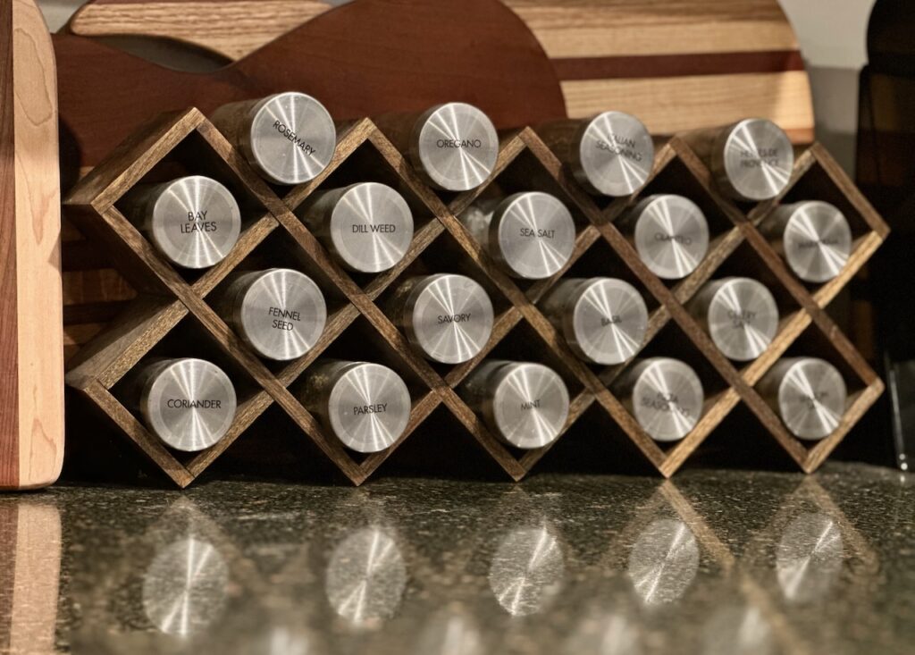 This is a spice rack to show food pantry items.