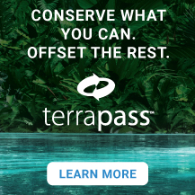 This is a Terrapass carbon credits graphic of the forest by a body of water and the text says, "Conserve what you can, offset the rest. Learn more."