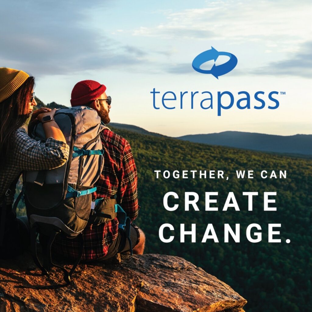 This is a Terrapass graphic of two hikers on a mountain and the text says, "Together, we can create change."