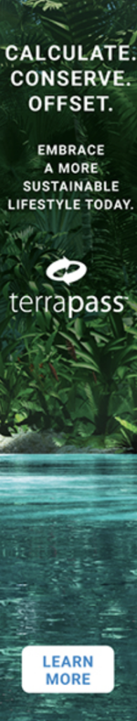 This is a Terrapass graphic that says, "Calculate. Conserve. Offset. Embrace a more sustainable lifestyle today. Terrapass. Learn more." to show Terrapass conserve offset.